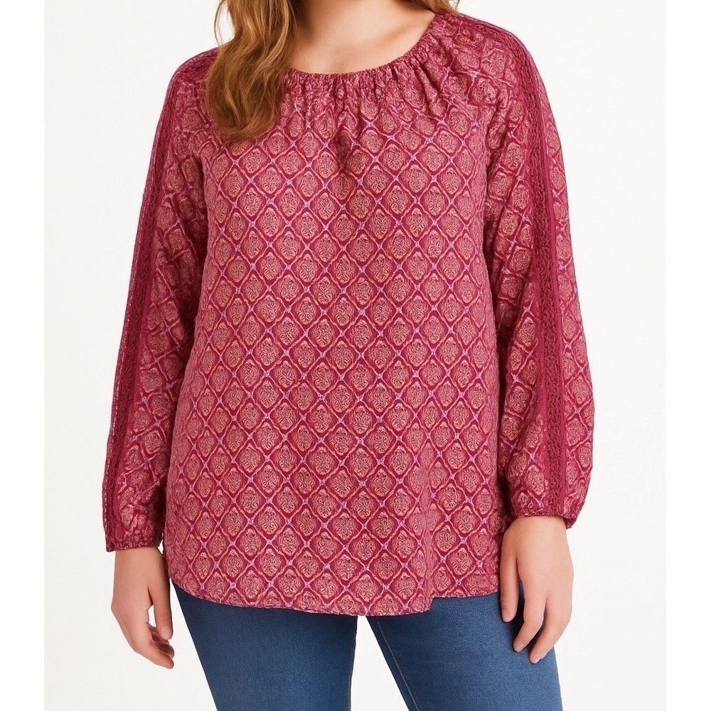 St Johns Bay Blouse Top XL Boho Long Sleeve Tunic Pink Lace Detail Peasant